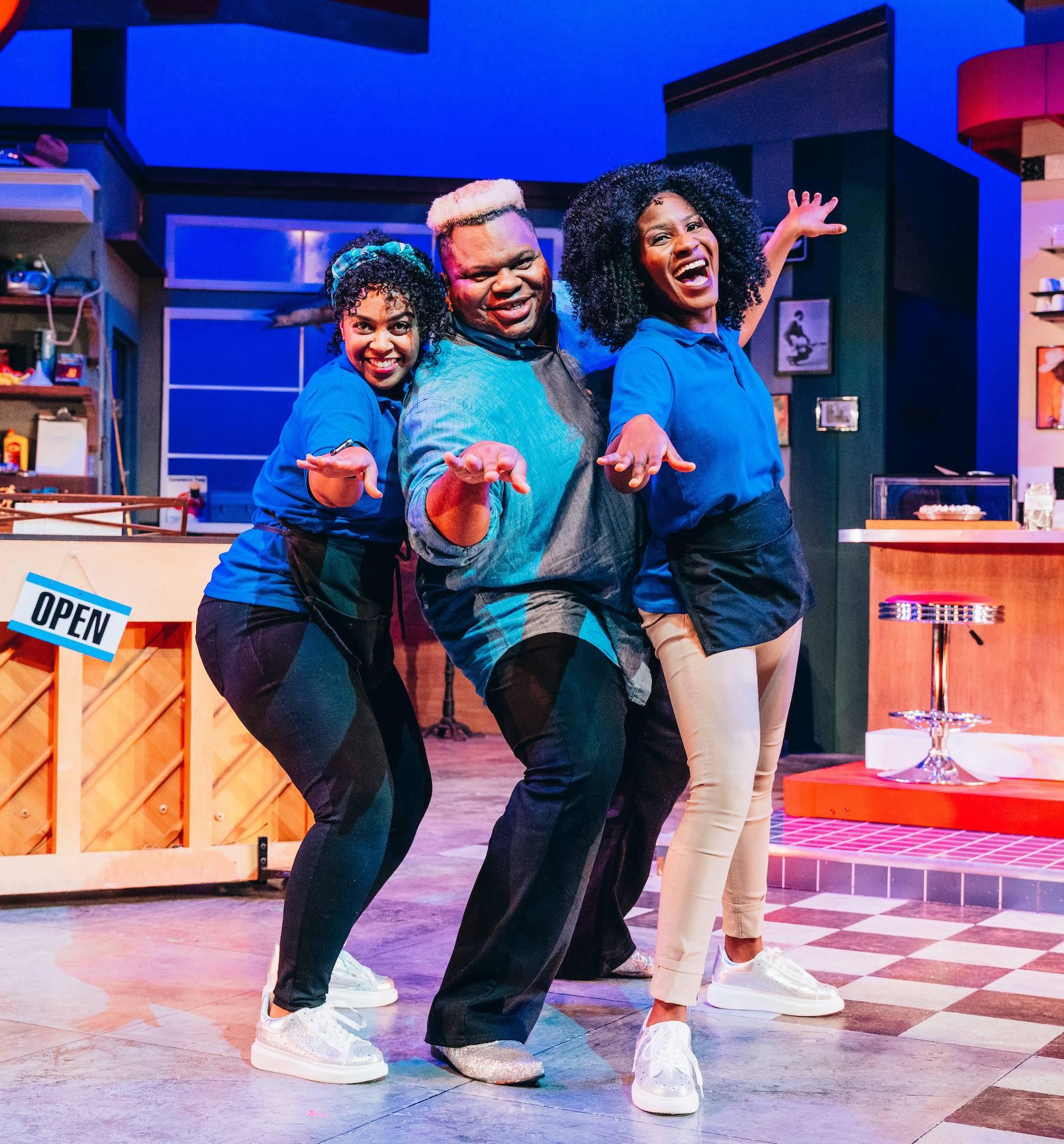 Melanie Loren (left to right), Frederick Harris and Shantel Cribbs in “Pump Boys & Dinettes” from Porchlight Music Theatre, now playing through Dec. 12. (Photo by Chollette)