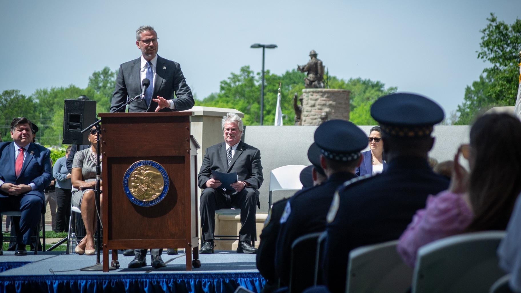 State Treasurer Michael Frerichs speaks to the crowd at the annual Police Officers Memorial in Springfield on Thursday, May 2, 2024. (Jerry Nowicki / Capitol News Illinois)