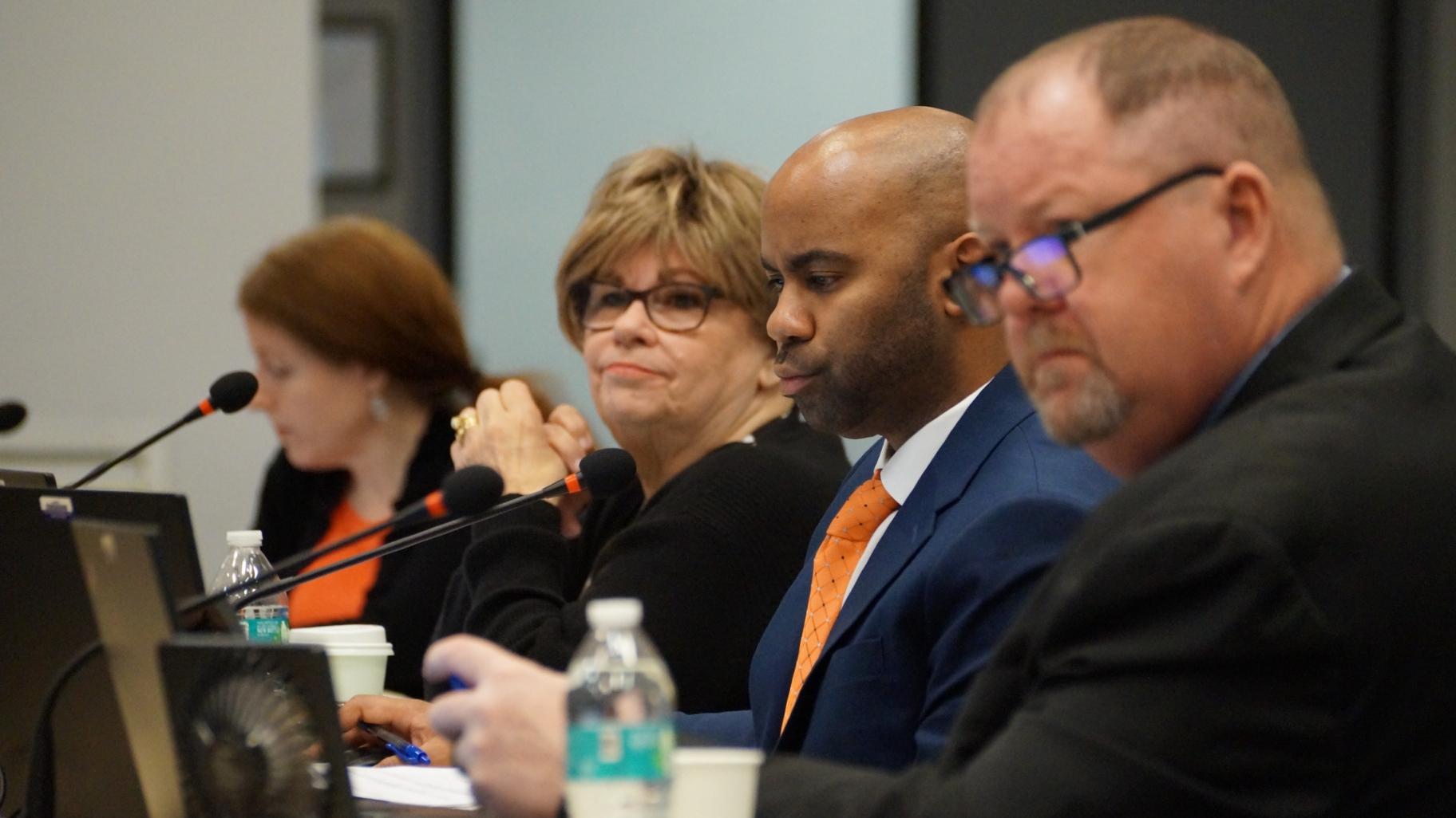 Prisoner Review Board members (left to right) Julie Globokar, Darryldean Goff, Matthew Coates and Jeffrey Grubbs are pictured at the board’s March 28, 2024, meeting in Springfield. (Peter Hancock / Capitol News Illinois)