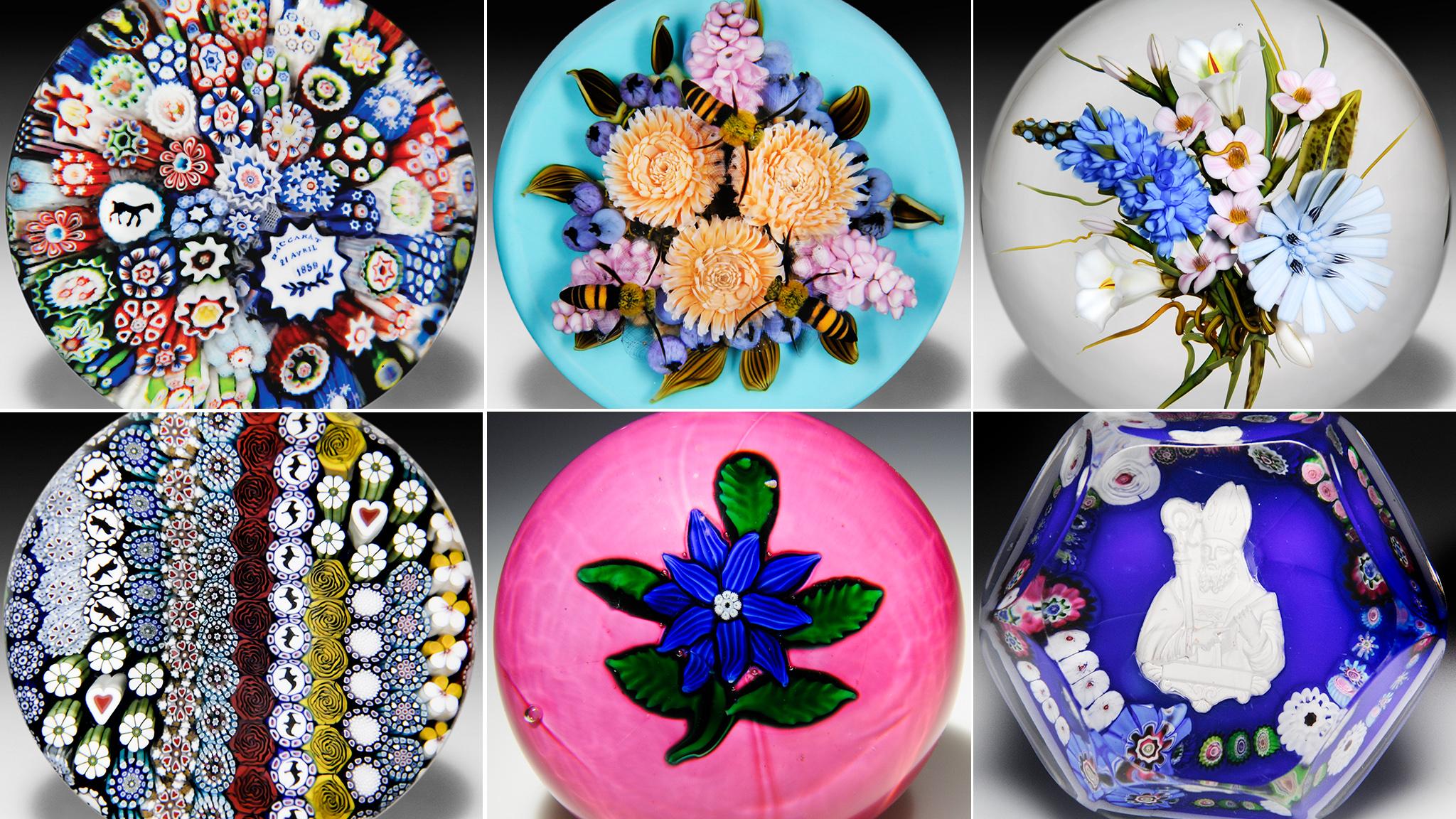 Glass paperweights from the Rubloff Collection at the Art Institute of Chicago. (L.H. Selman Ltd. / Top row, bottom left: Courtesy of L.H. Selman Ltd. Bottom row, center, right: Courtesy the Art Institute of Chicago)