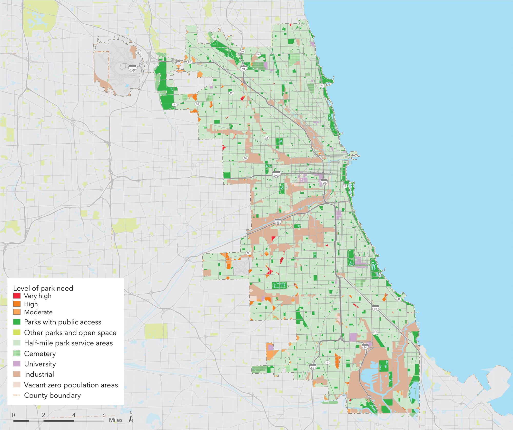 The ParkScore Index maps parks in cities such as Chicago and identifies areas in need of new parks. (The Trust for Public Land)