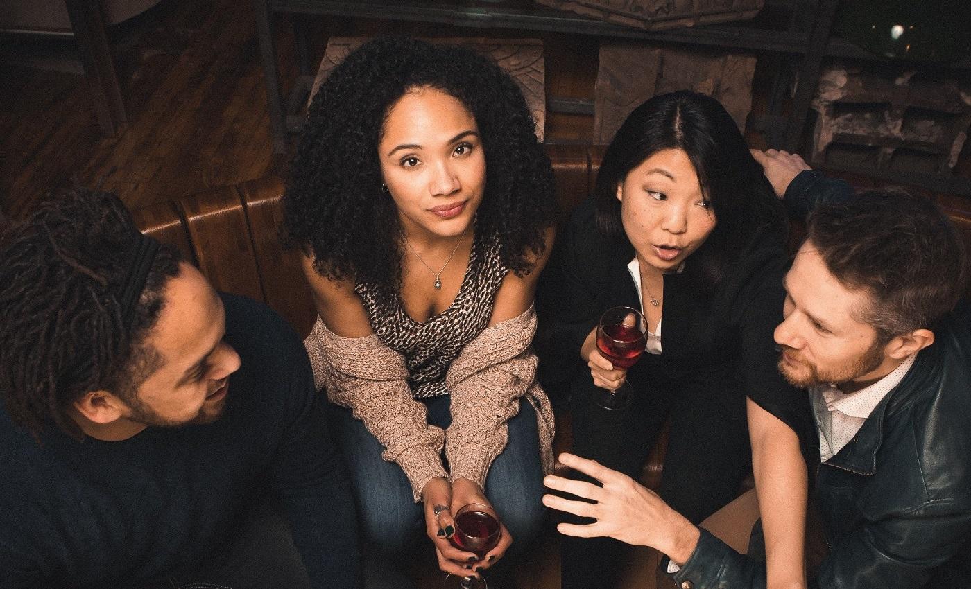 From left: Julian Parker, Kayla Carter, Deanna Myers and Erik Hellman in “Smart People” at Writers Theatre.