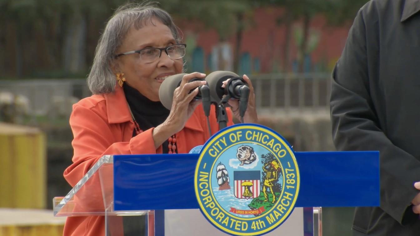 Peggy Montes, 90, is the lone survivor of the group of people who originally conceived of DuSable Park. "God has blessed me to be here," Montes said as she spoke at the park's groundbreaking ceremony. (City of Chicago)