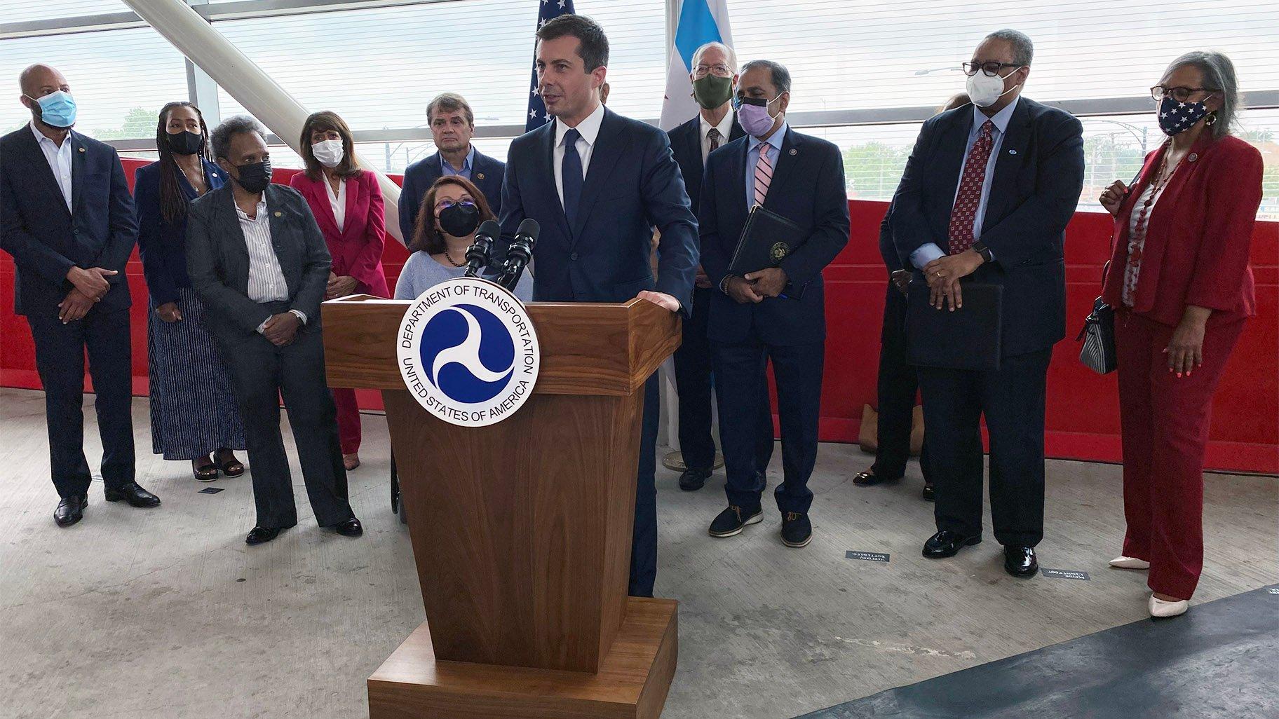 Secretary of Transportation Pete Buttigieg tours the 95th/Dan Ryan Red Line CTA station with Mayor Lori Lightfoot, CTA President Dorval Carter, Sens. Dick Durbin and Tammy Duckworth, and Democratic members of Illinois’ congressional delegation to promote President Joe Biden’s infrastructure plan on July 16, 2021. (WTTW News)