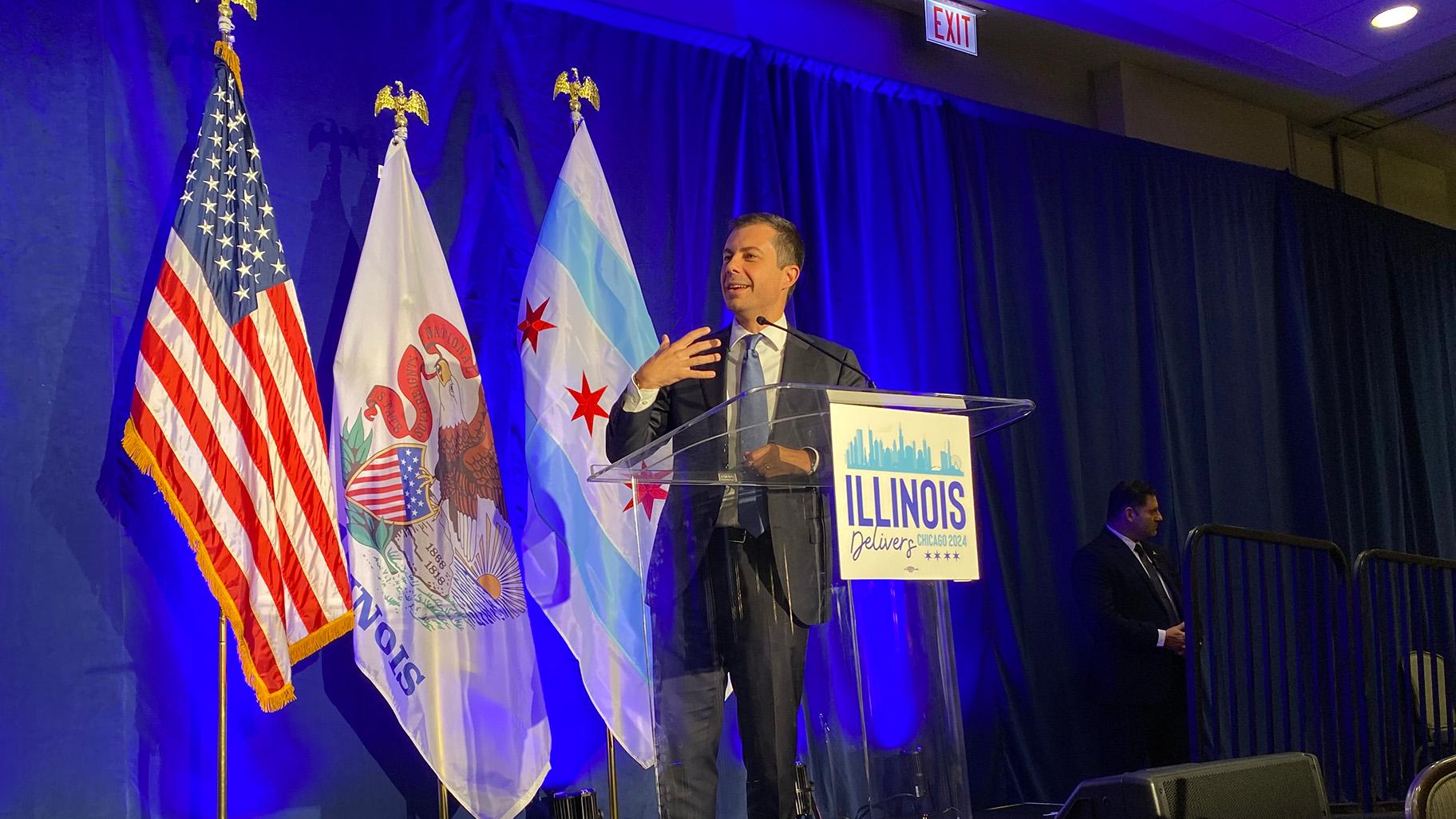 U.S. Transportation Secretary and former South Bend, IN mayor Pete Buttigieg, speaks to the Illinois delegation breakfast on the third morning of the Democratic National Convention on Wednesday, Aug. 21, 2024. (Nick Blumberg / WTTW News)