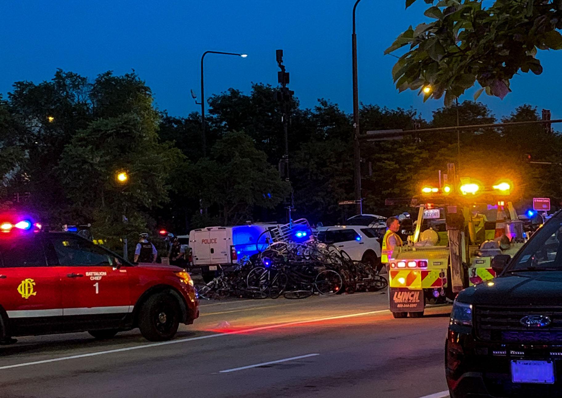 A tangle of bicycles confiscated by Chicago police at a protest on July 17, 2020 in Grant Park. (Grace Del Vecchio / WTTW News)