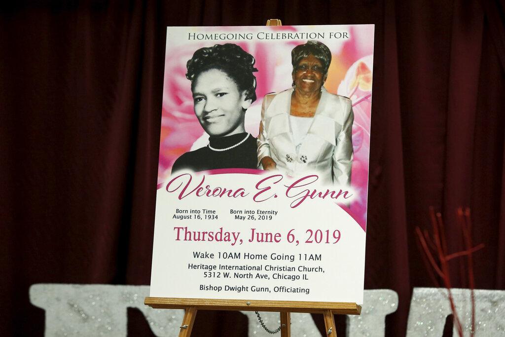 This June 11, 2019 file photo of a poster showing Verona Gunn is displayed during a press conference in Chicago. Gunn was an 84-year-old woman killed last May when two Chicago Police vehicles slammed into a car she was riding in. (AP Photo / Teresa Crawford, File)