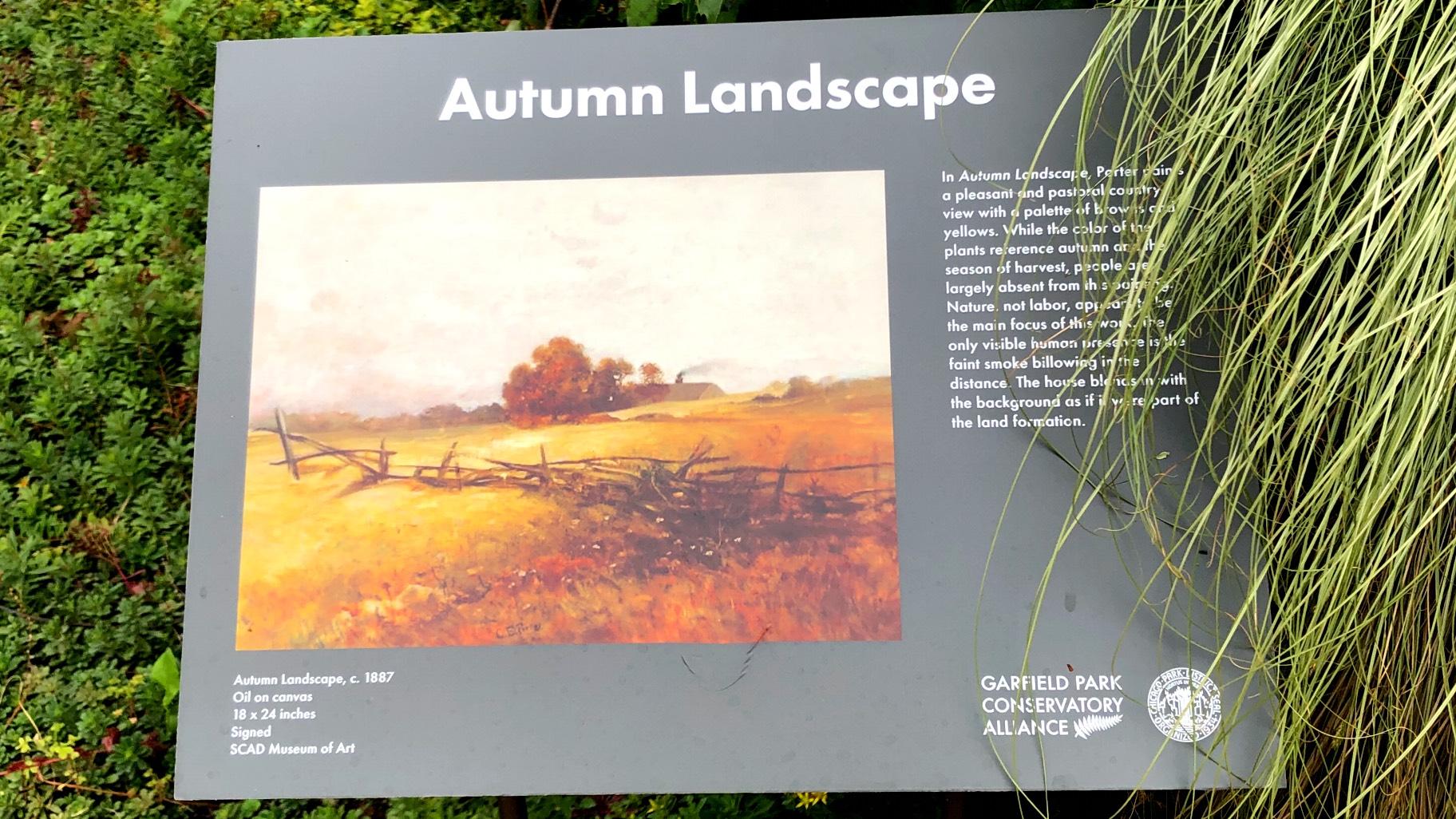 Images of Porter's paintings, including "Autumn Landscape," are positioned throughout the conservatory's exhibit. (Patty Wetli / WTTW News) 