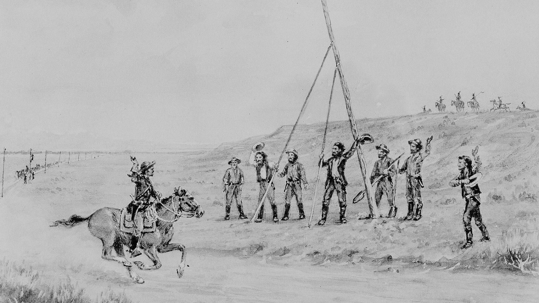 FILE - This illustration depicts a Pony Express rider, left, greeting Western Union linemen as they string wires of the first transcontinental telegraph in 1861. (AP Photo / File)