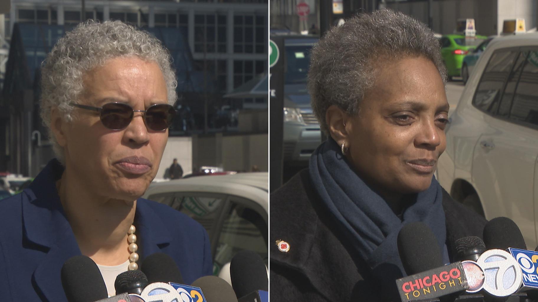 Mayoral candidates Toni Preckwinkle, left, and Lori Lightfoot speak to the media following their meeting with the Chicago Tribune editorial board Tuesday, March 12, 2019. The two will face off in a runoff election on April 2.