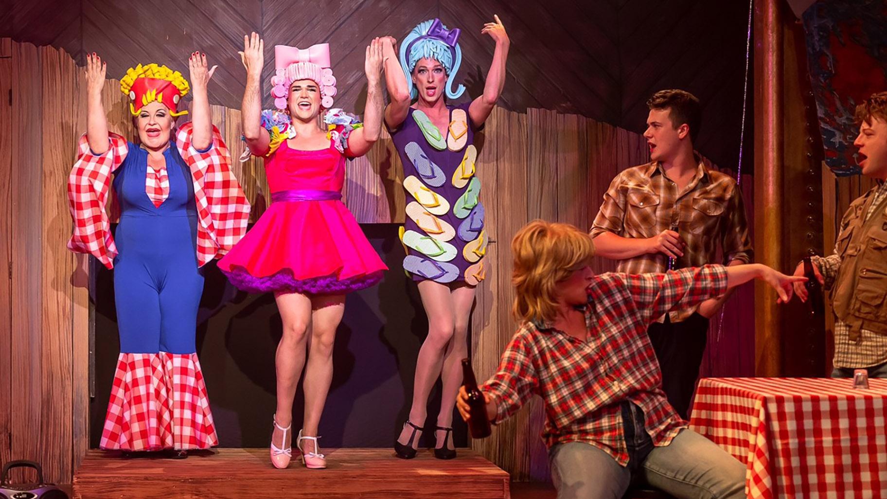 From left to right, Honey West as Bernadette, Shaun White as Adam and Josh Houghton as Tick in  “Priscilla Queen of the Desert.” (Credit: Brett Beiner)