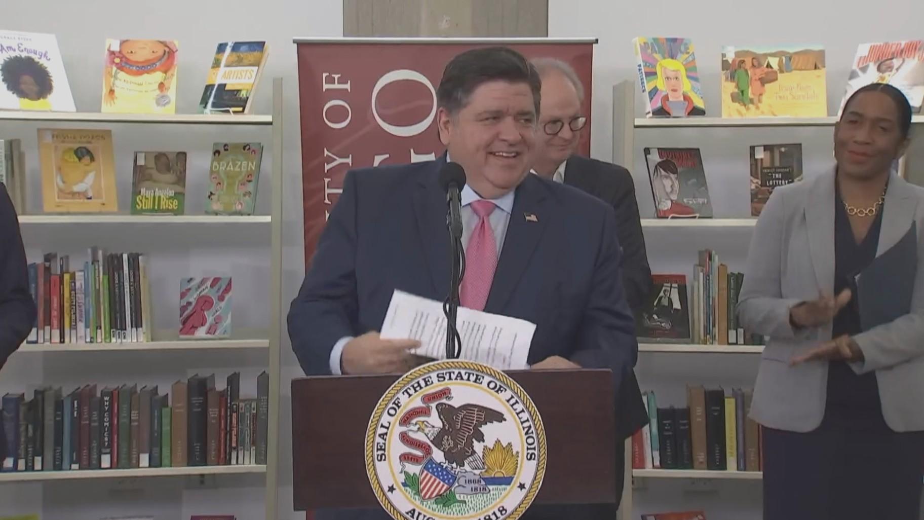 Gov. J.B. Pritzker and Lt. Gov. Juliana Stratton joined University of Chicago officials on Oct. 3, 2023, at a news conference announcing the university’s plan for a banned book collection. The Forum for Free Inquiry and Expression is partnering in that effort. (WTTW News)