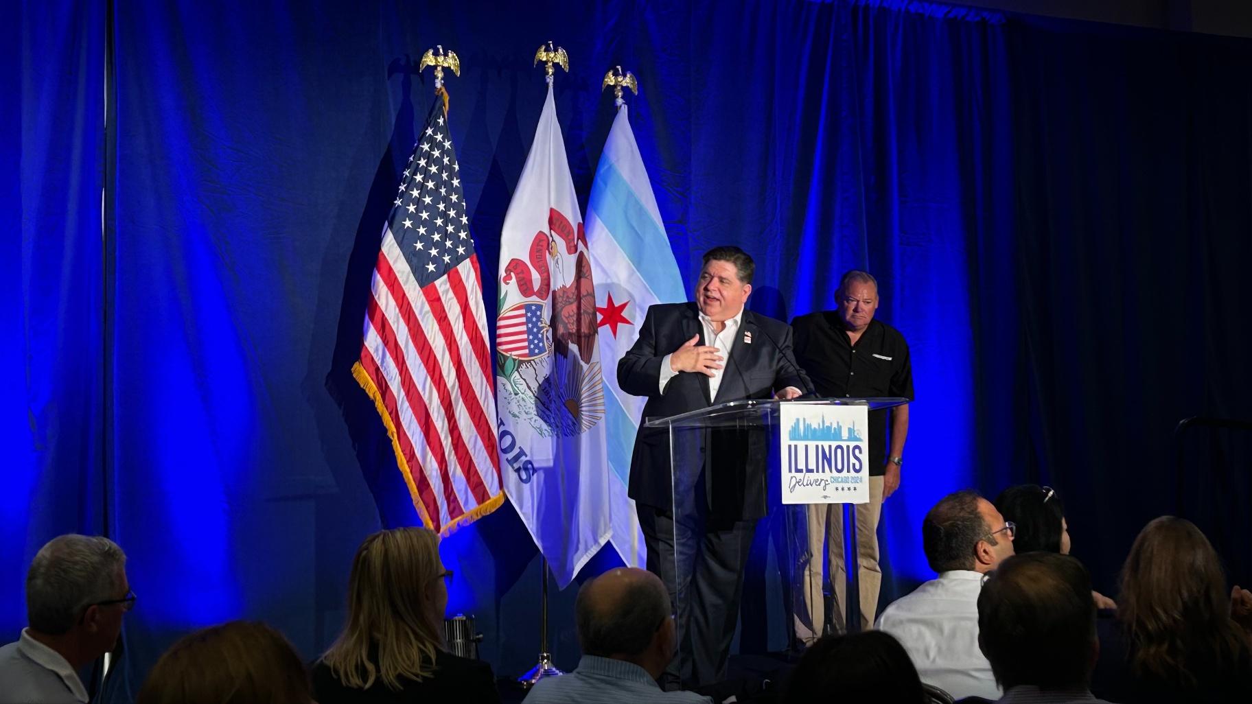 Gov. J.B. Pritzker addresses the Illinois delegation to the DNC on Aug. 19, 2024. (Blair Paddock / WTTW News)