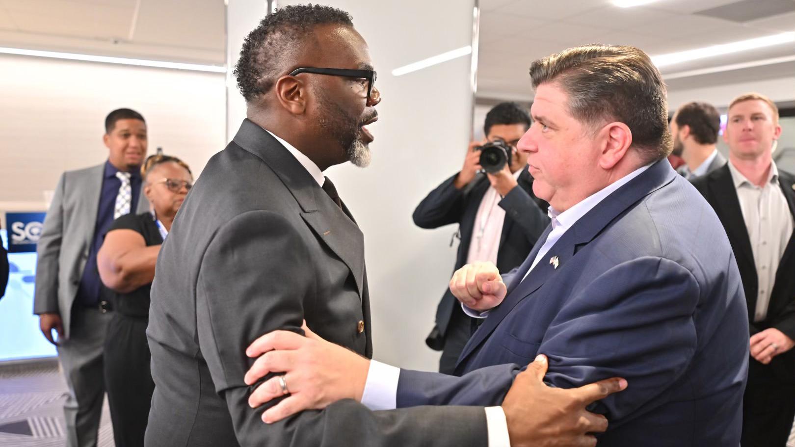 Mayor Brandon Johnson and Gov. J.B. Pritzker greet each other on Aug. 21, 2024 (Credit: Brandon Johnson for Chicago)