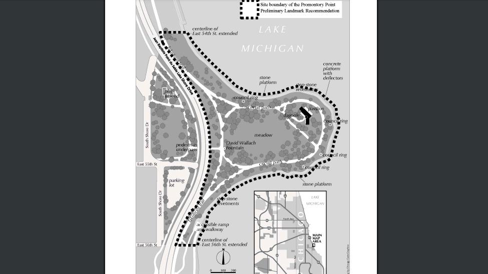 Map of the proposed landmarked features of Promontory Point. (City of Chicago)