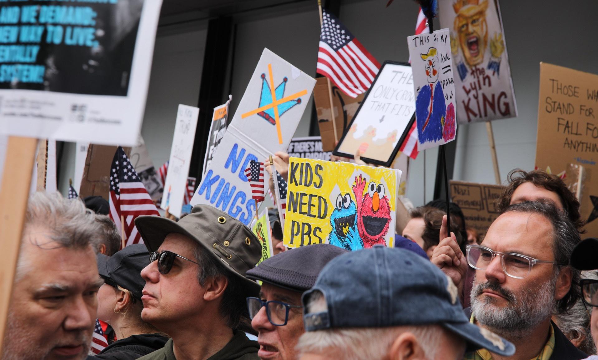 Protesters gather in downtown Chicago as part of the “No Kings” movement on June 14, 2025. (Michael Izquierdo / WTTW News)