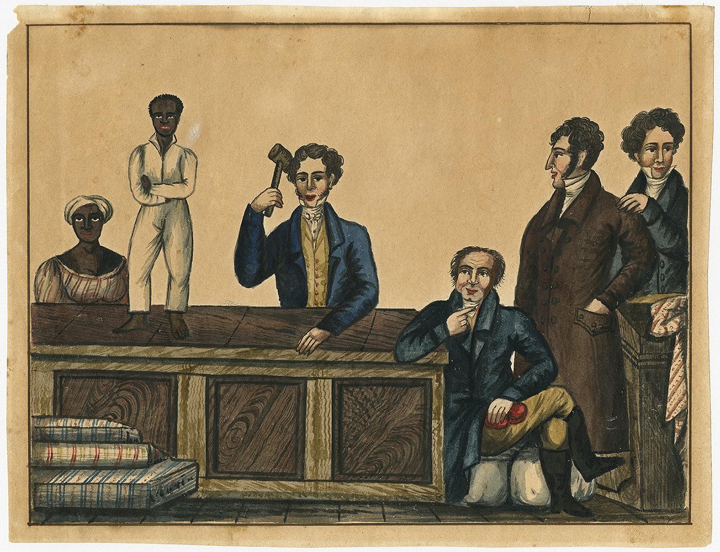 A watercolor depiction of a slave auction in 1831 (Courtesy The Historic New Orleans Collection) 