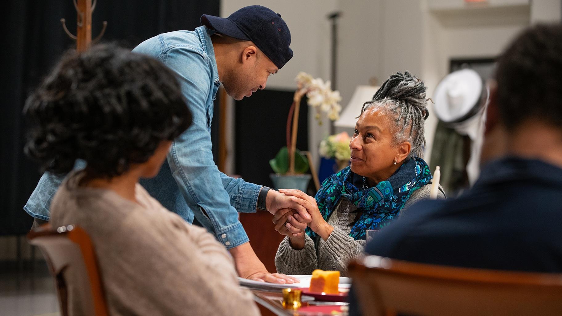 (left to right) Ensemble members Alana Arenas and Glenn Davis with Tamara Tunie and Harry Lennix in rehearsal for Steppenwolf Theatre’s world premiere of “Purpose.” (Joel Moorman)
