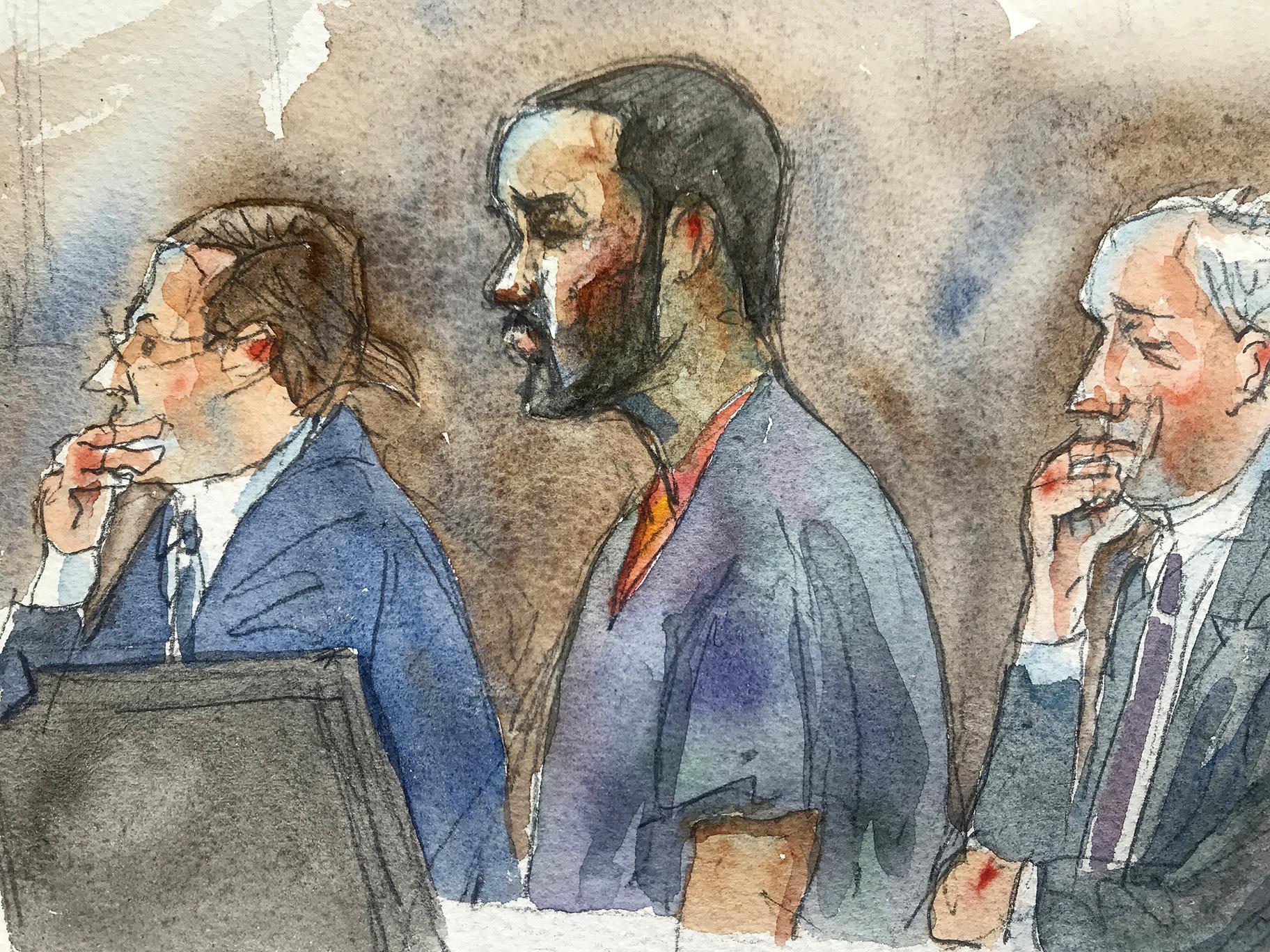 In this courtroom sketch, R&B singer R. Kelly, center, listens in federal court with his attorneys Doug Anton, left, and Steve Greenberg during his arraignment, Friday, Aug. 2, 2019 in New York. (Aggie Kenny via AP)