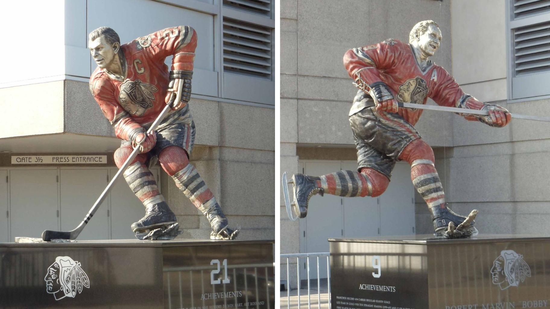 Sculptures of Stan Mikita and Bobby Hull at the United Center in Chicago. (Courtesy of Studio Rotblatt Amrany)