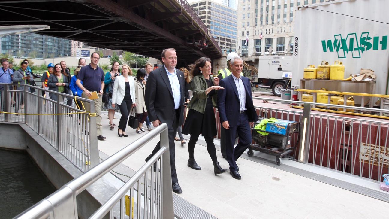 Mayor Rahm Emanuel leads a tour of a new section of the Chicago Riverwalk, which will be open to the public Saturday. (Courtesy City of Chicago)