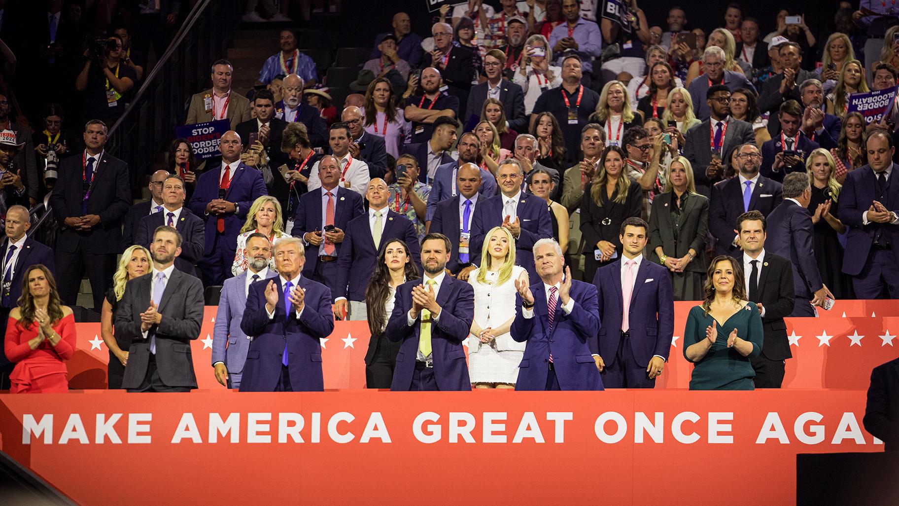 Former President Donald Trump and Sen. J.D. Vance are joined by their family members and elected officials during the Republican National Convention on July 16, 2024. (Michael Izquierdo / WTTW News)