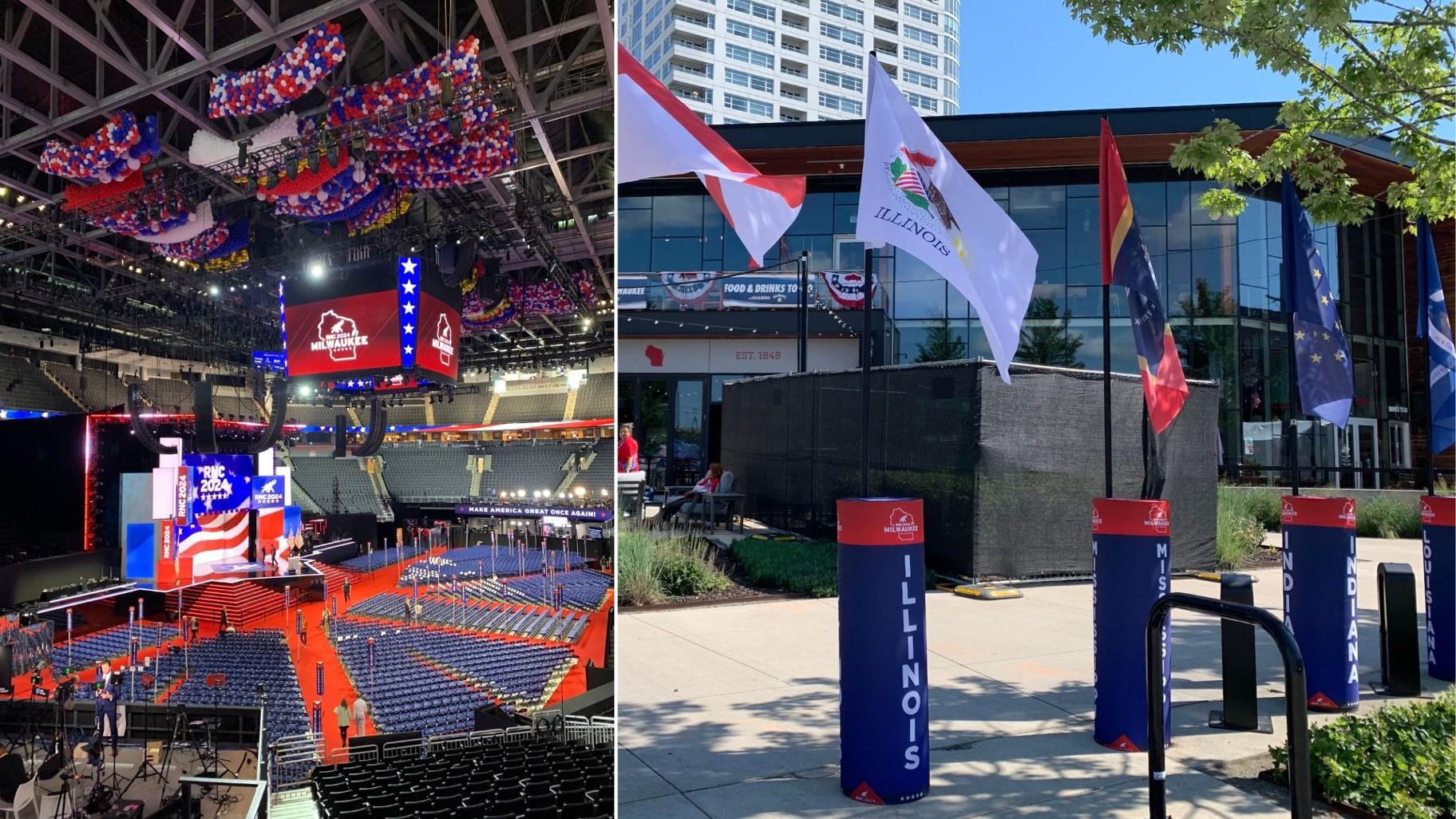 Left: Thousands of balloons are expected to drop during the fourth and final night of the Republican National Convention, in which former President Donald Trump will formally accept the Republican nomination for president. Right: The Illinois state flag outside Fiserv Forum in Milwaukee on July 18, 2024. (Eunice Alpasan / WTTW News)