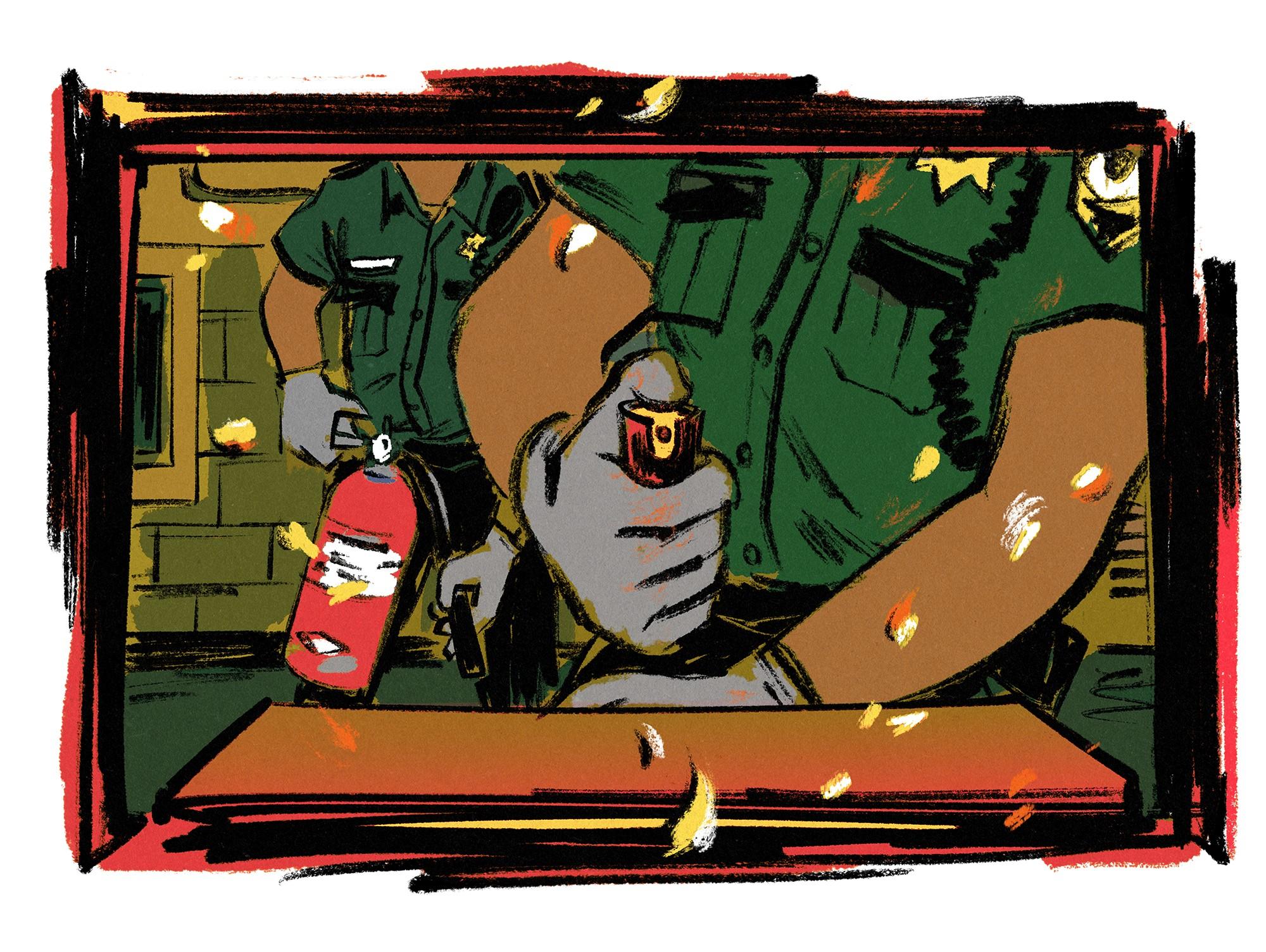 An illustration shows a prison guard wearing gloves, holding a can of pepper spray outside the slot of a cell door. A second guard stands in the back holding a red fire extinguisher.