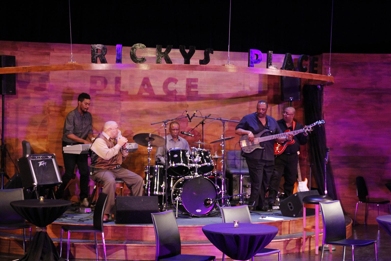 From left: Adam Sherrod, Lamont “Harmonica Man” Harris, music director Robert Reddrick, Mark Miller, Gary Baker in “Rick Stone the Blues Man” at Black Ensemble Theater. (Credit: Alan Davis)