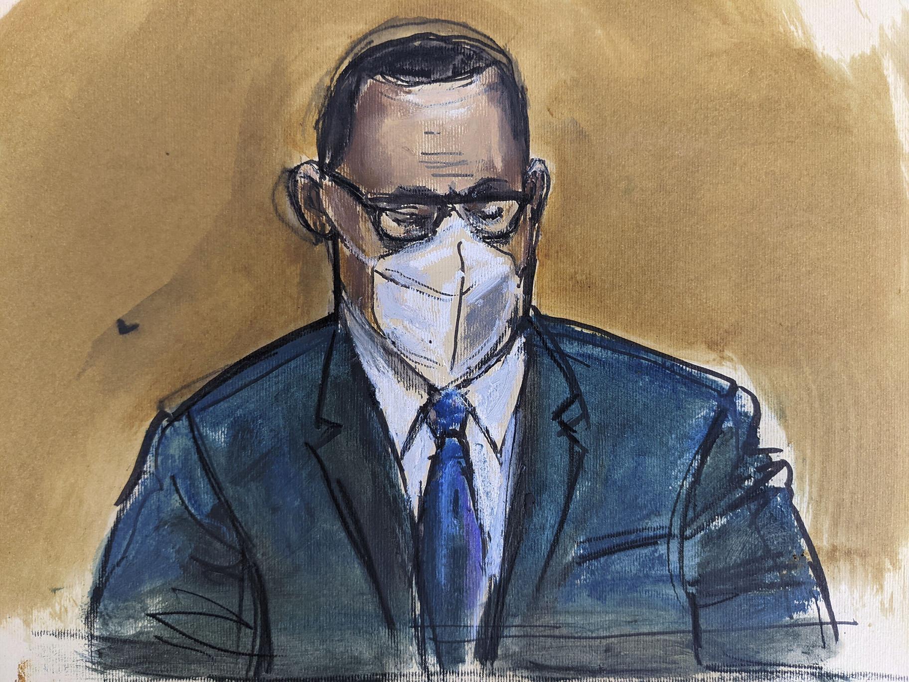 In this courtroom sketch, R. Kelly listens as the jury foreperson reads the verdict, Monday, Sept. 27, 2021, in New York. (AP Photo / Elizabeth Williams)