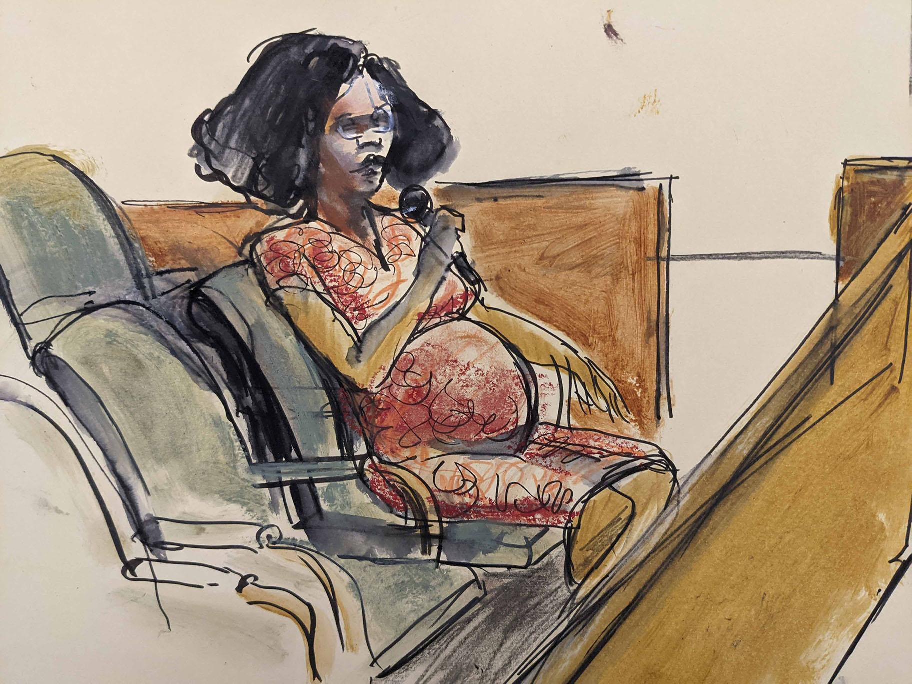 In this courtroom sketch Jerhonda Pace testifies against R&B star R. Kelly during the singer’s sex abuse trial Wednesday, Aug. 18, 2021, in New York. (Elizabeth Williams via AP)