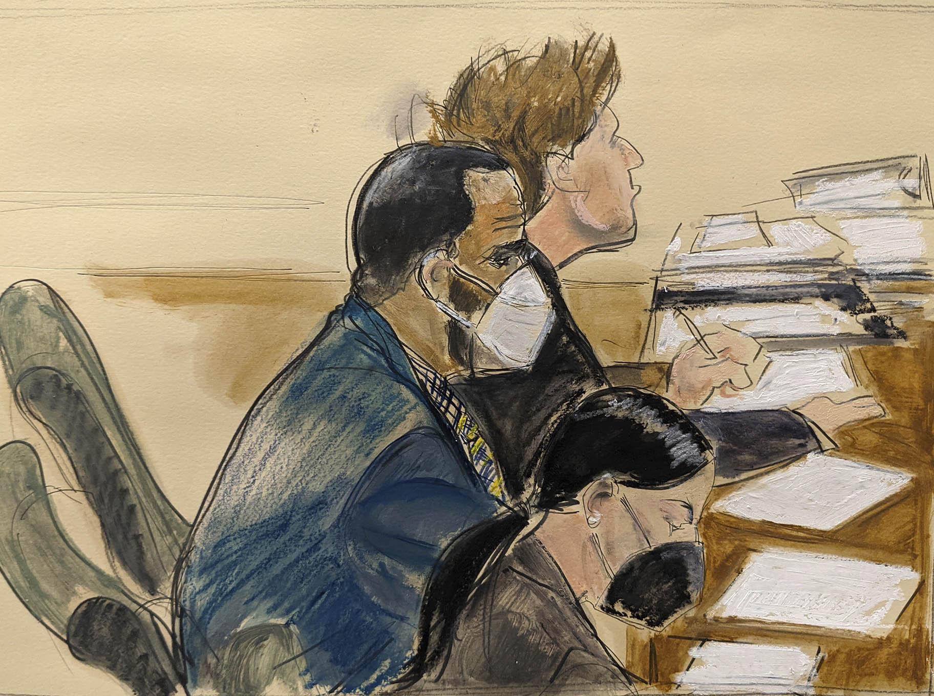 In this courtroom artist’s sketch R. Kelly, left, listens during his trial in New York, Thursday, Aug. 26, 2021. (AP Photo / Elizabeth Williams)