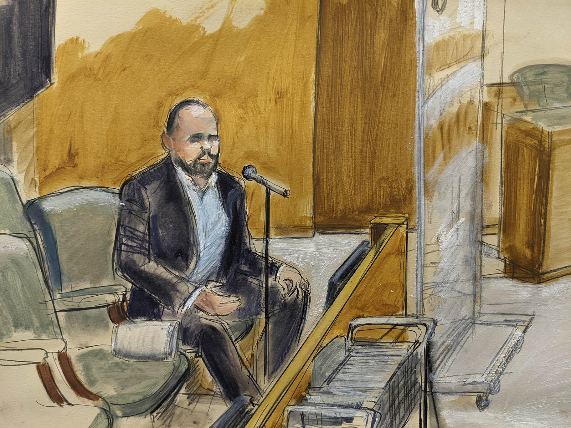  In this courtroom artist’s sketch, former R. Kelly employee Tom Arnold testifies at the R&B star’s trial in New York, Thursday, Aug. 19, 2021. (AP Photo / Elizabeth Williams)