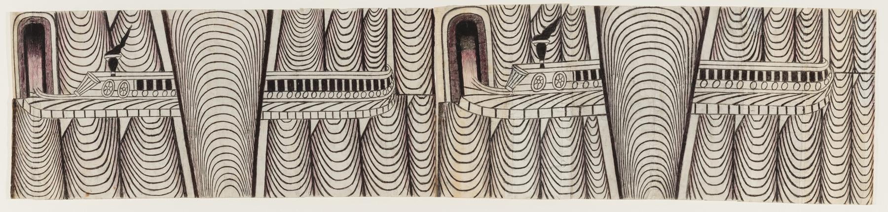 Martín Ramírez (Mexican, active in America, 1895–1963). Untitled (Trains and Tunnels) A, B, (detail), c. 1960–63. Graphite, gouache, crayon and colored pencil on pieced paper, 17 x 78 in. (43.2 x 198.1 cm). Collection of Victor F. Keen. Copyright Estate of Martín Ramírez 