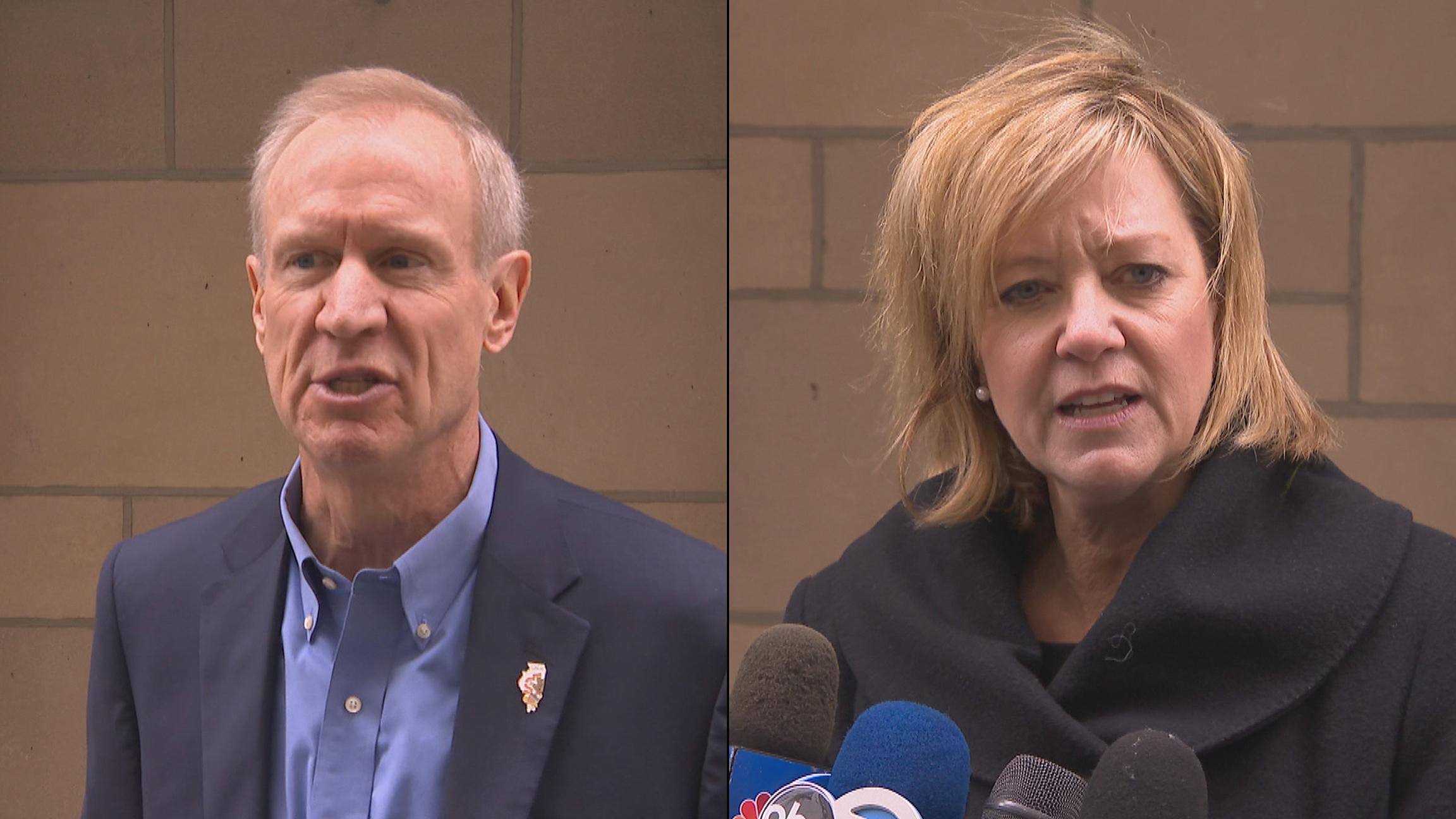 Gov. Bruce Rauner and state Rep. Jeanne Ives, R-Wheaton, speak to the media Monday following a debate at the Chicago Tribune.