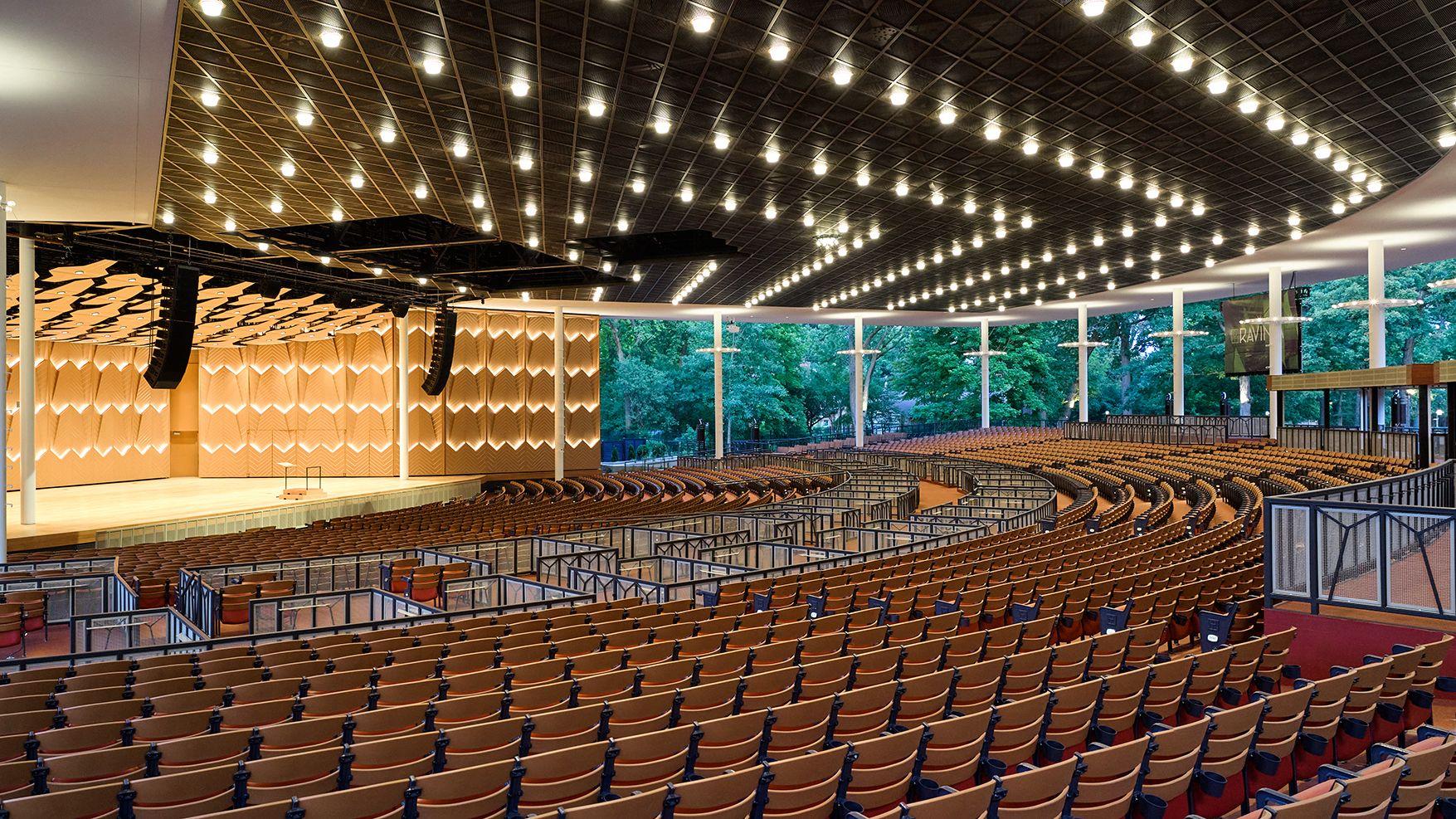 This image released by Ravinia shows the interior of the renovated Hunter Pavilion in Highland Park, Ill., on July 1, 2026. (Dave Burk/Ravinia via AP)