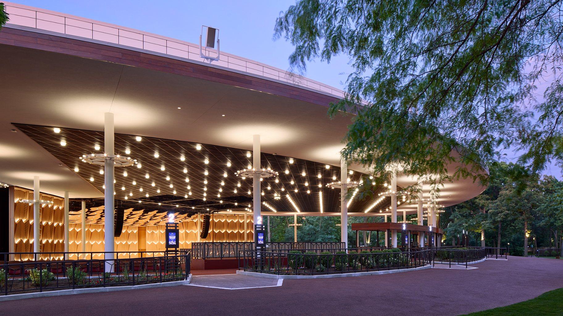 This image released by Ravinia shows the exterior of the renovated Hunter Pavilion in Highland Park, Ill., on July 1, 2026. (Dave Burk/Ravinia via AP)