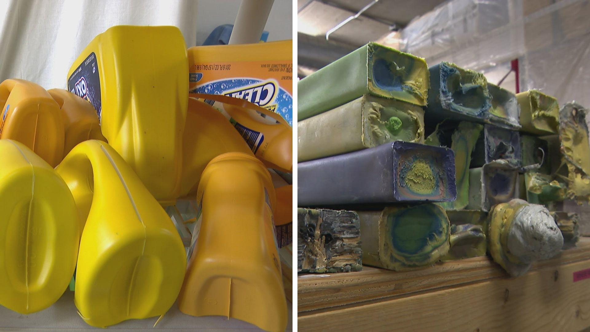 Plastic is cleaned (left) and shredded to be made into solid beams (right) for benches. (WTTW News)