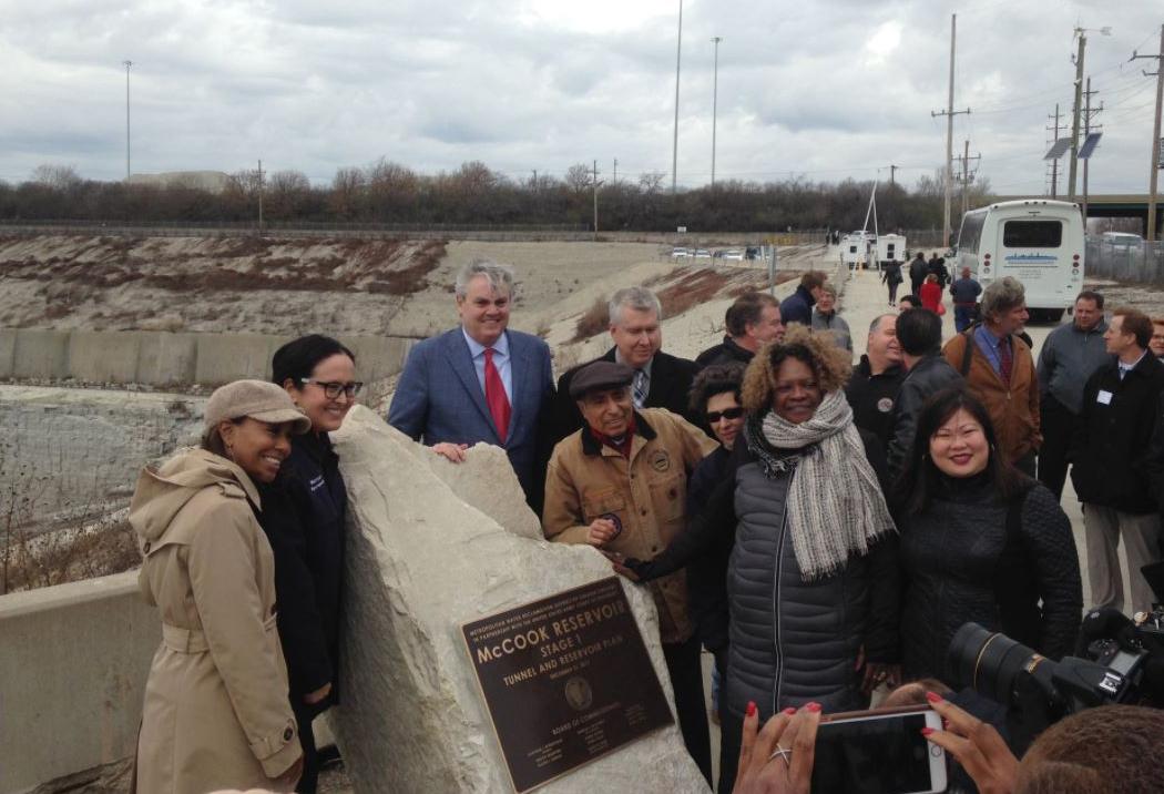 Public officials dedicate the completion of the first stage of the McCook Reservoir. (Courtesy Metropolitan Water Reclamation District Board of Commissioners)