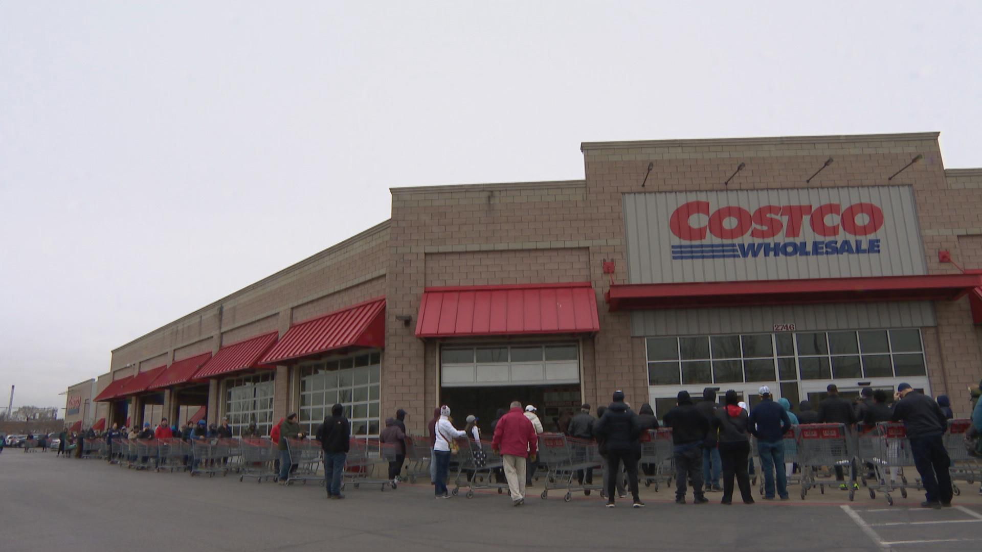 Shoppers line up outside Costco in Lincoln Park on Monday, March 16, 2020. (WTTW News)