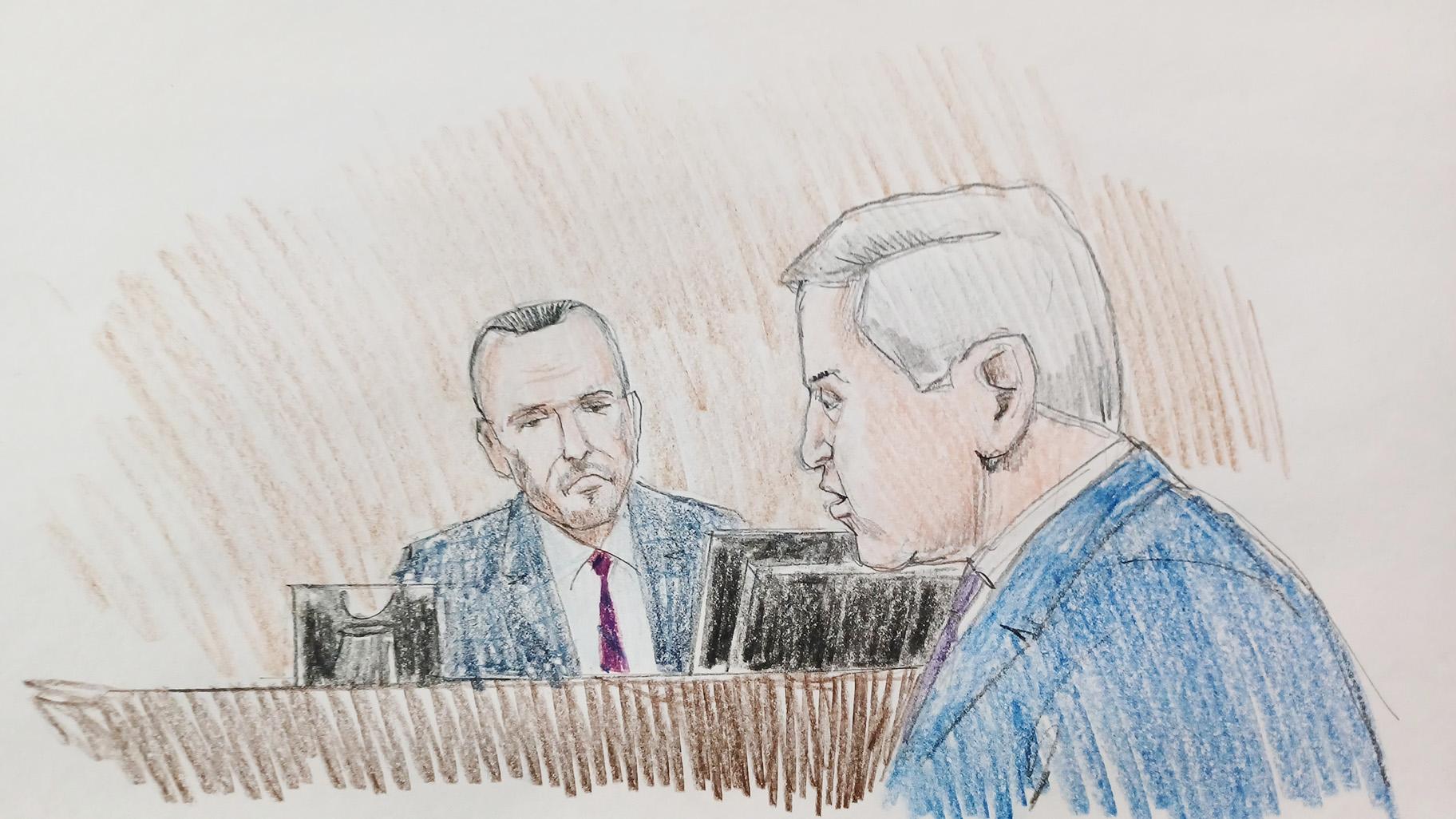 George Reveliotis, who handled property tax appeals for Charles Cui, is cross-examined by Tinos Diamantatos, the attorney representing Cui on Dec. 11, 2023. (WTTW News)