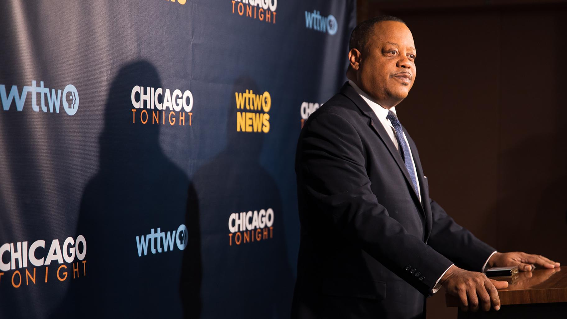 Ald. Roderick Sawyer, a candidate for Chicago mayor, speaks at a press conference after the WTTW News Mayoral Forum on Feb. 7, 2023. (Michael Izquierdo / WTTW News)