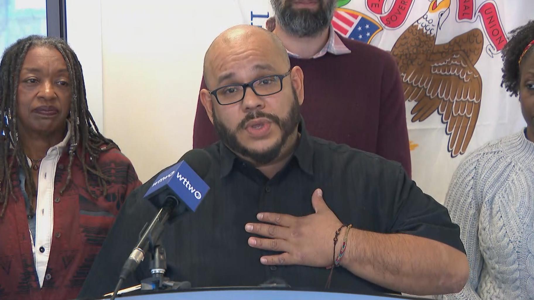 Chef Rodolfo Cuadros of Bloom Plant Based Kitchen in Wicker Park speaks during a news conference about his two daughters who are signed up to receive plant-based lunch twice a week at their school. (WTTW News)