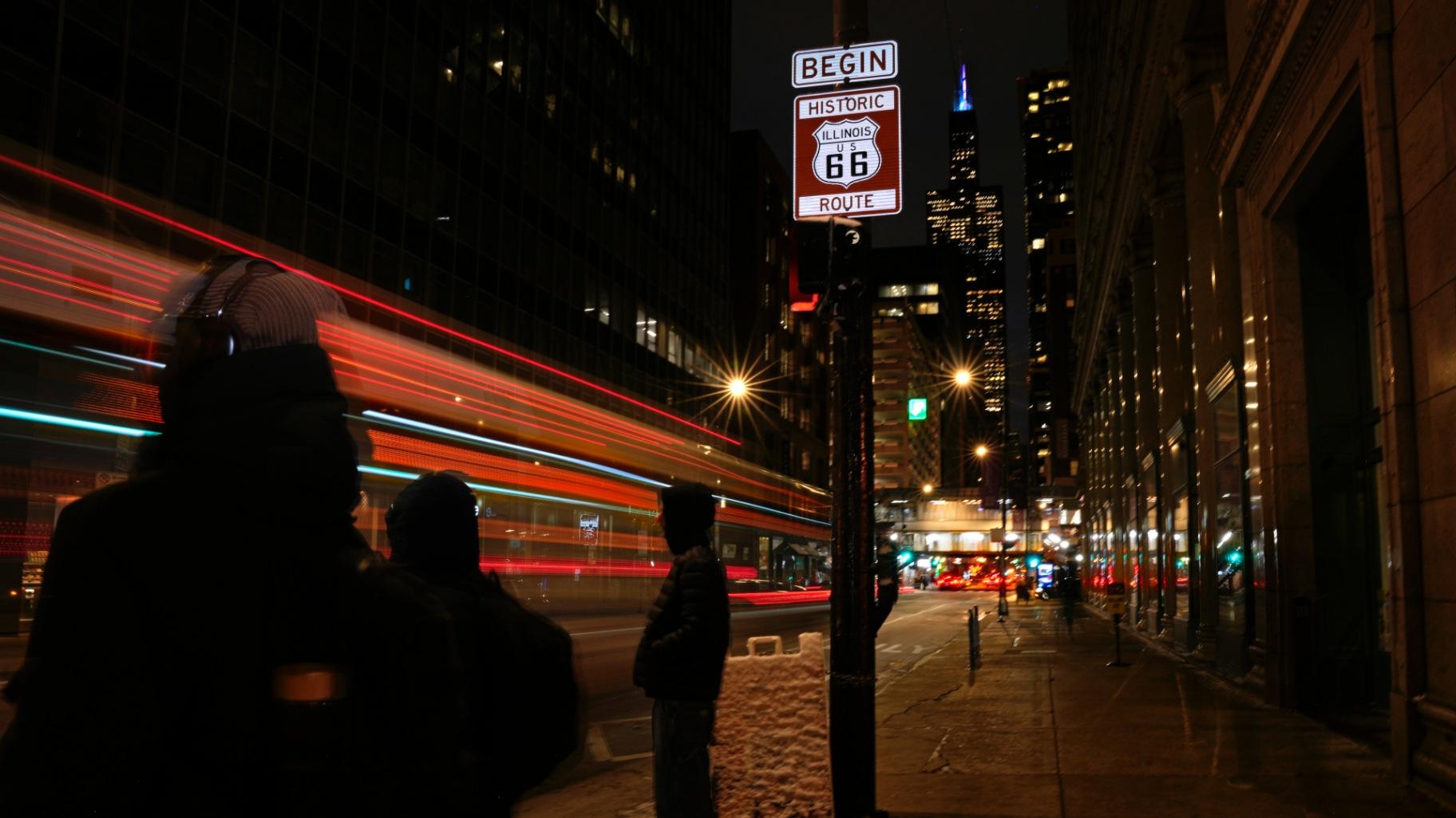 A sign marking the beginning of historic Route 66 stands at the intersection of East Adams Street and South Michigan Avenue, in Chicago, Wednesday, Jan. 14, 2026. (AP Photo / Erin Hooley)