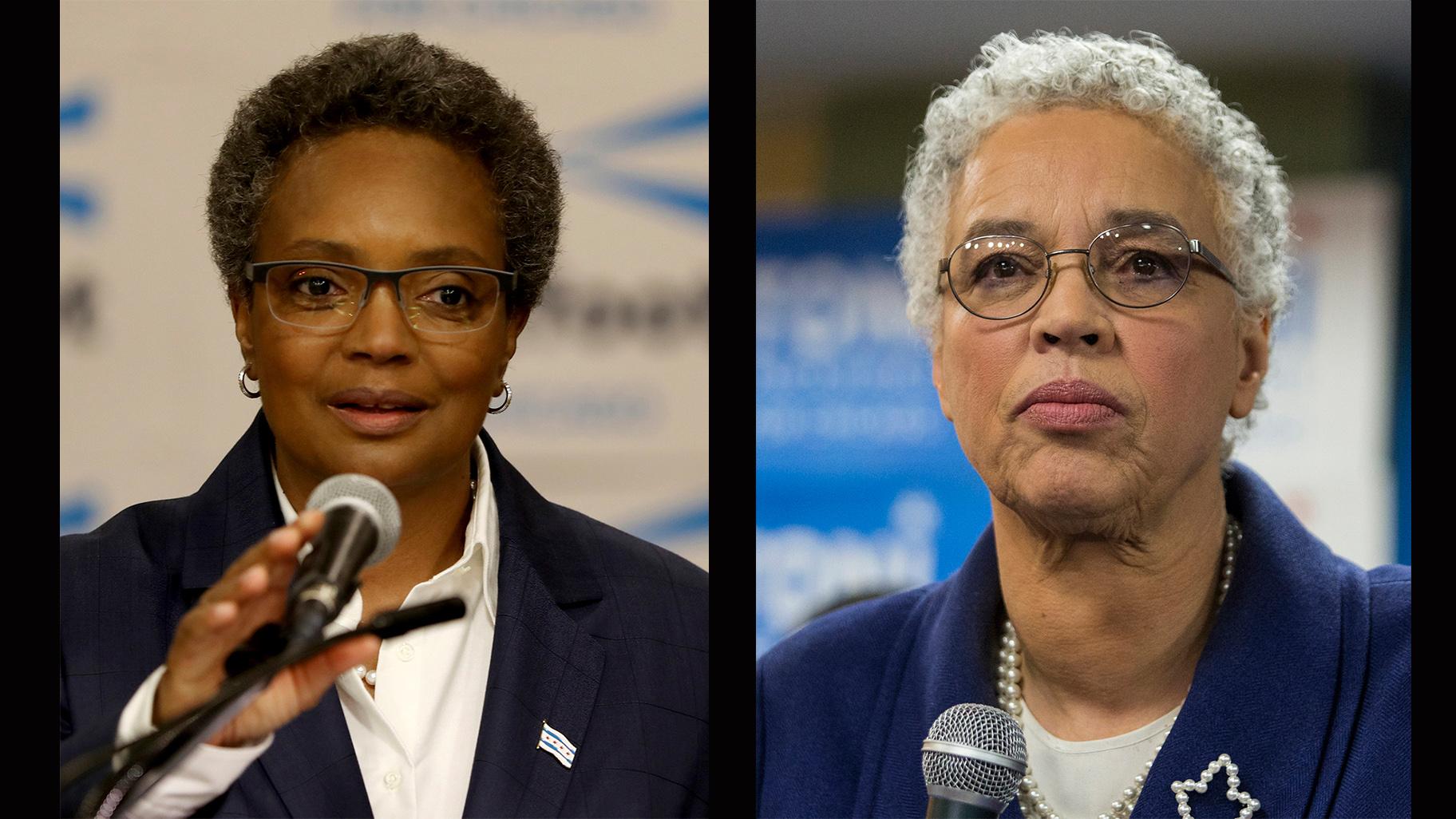 Mayoral candidates Lori Lightfoot, left, and Toni Preckwinkle give speeches Tuesday, Feb. 26 at their respective election night parties. (Photos by Tyler LaRiviere and Ashlee Rezin / Chicago Sun-Times via AP)