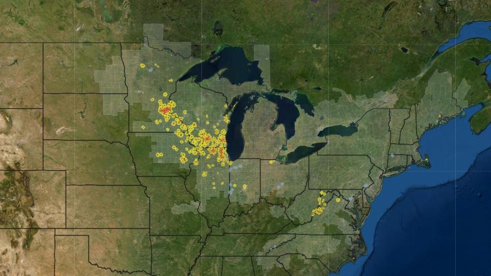 The range of the rusty patched bumble bee. Historic range in gray, currently likely to be present in red, unlikely presence but important for conservation in yellow. (Courtesy U.S. Fish and Wildlife Service)