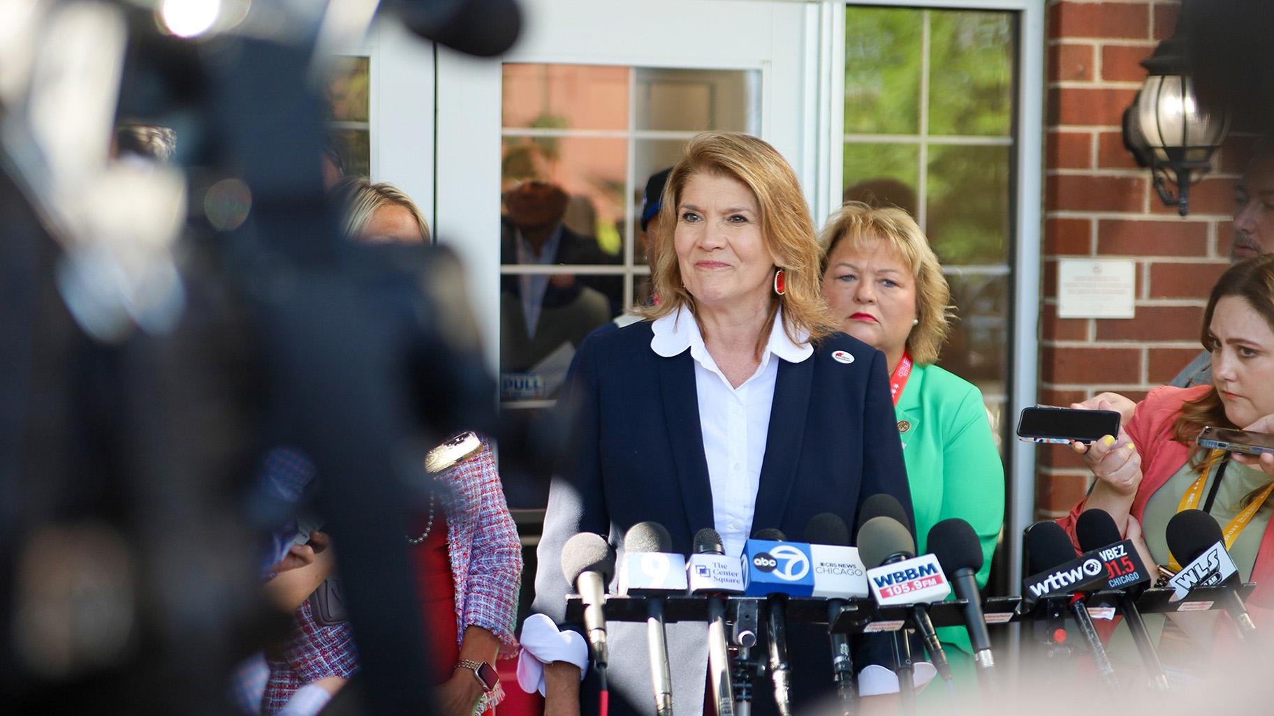 Incoming Illinois Republican Party Chair Kathy Salvi takes questions from reporters on Wednesday after addressing the Illinois delegation at a breakfast prior to Republican National Convention programming in Milwaukee. (Andrew Adams / Capitol News Illinois) 