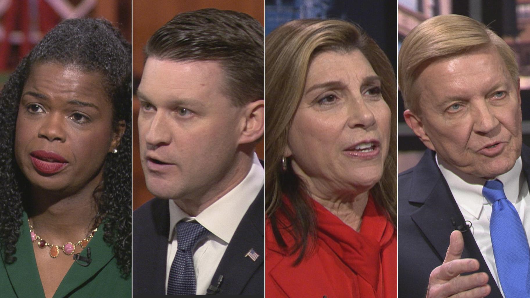 Democratic candidates for Cook County state’s attorney, from left: incumbent Kim Foxx, Bill Conway, Donna More and Bob Fioretti appear on a “Chicago Tonight” candidate forum. (WTTW News)