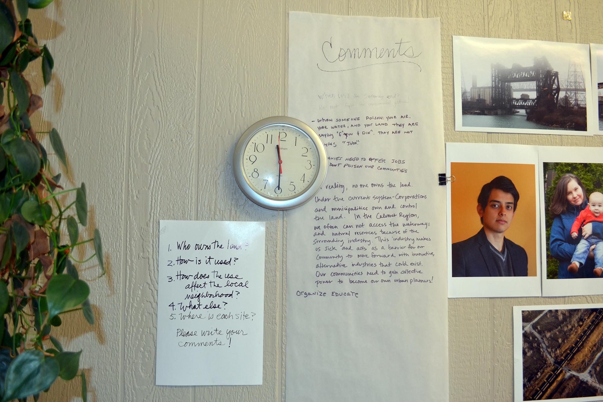 Question and comment sheets hang on the walls at Southeast Environmental Task Force's Hegewisch office. (Alex Ruppenthal / Chicago Tonight)