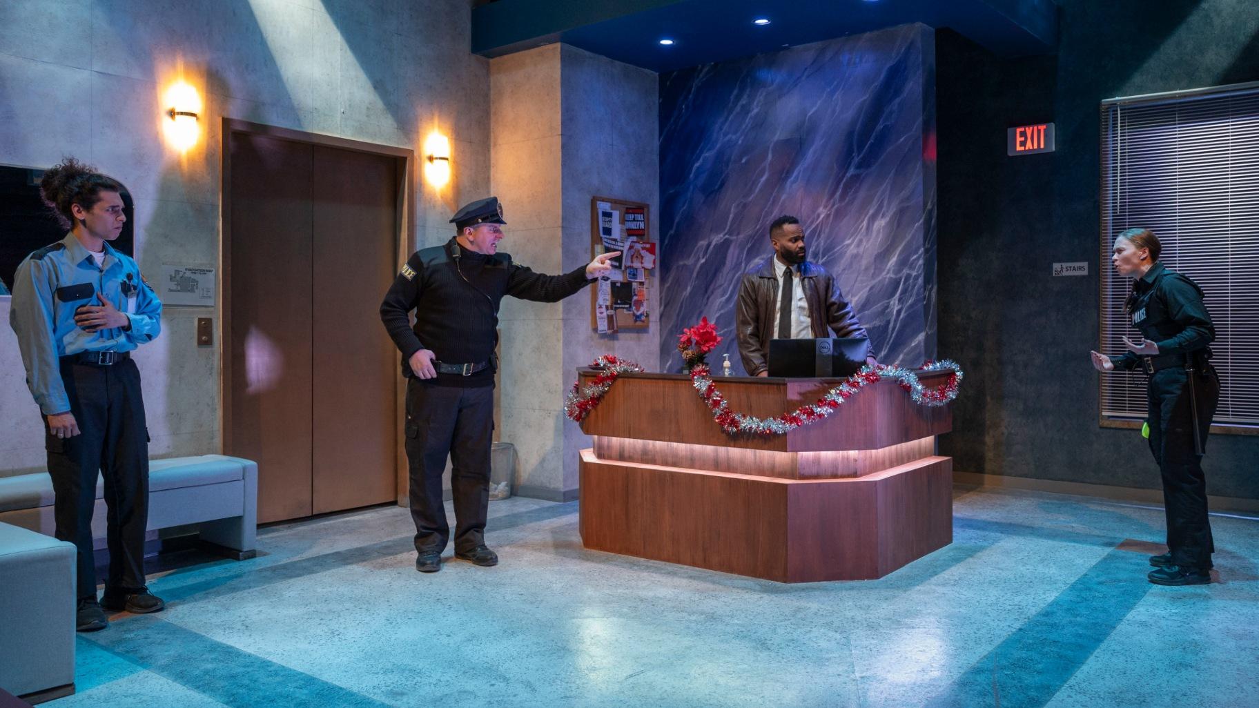 A scene from Shattered Globe Theatre’s production of “Lobby Hero.” (Michael Brosilow)